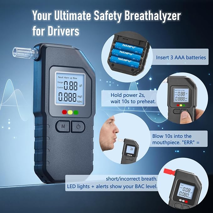 Breathalyzer Alcohol Tester，Professional Dual-Sensor Alcohol Tester with LCD Digital Display - Portable BAC Detector Kit, Includes 20 Replacement Mouthpieces for Driving, Home, Party