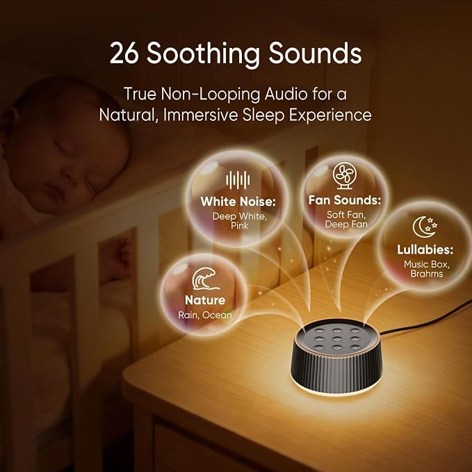 Noise Machine, White Noise Sound Machine for Baby & Adults, 26 Soothing Sounds, 8 Night Light Colors, Tap Control, 6 Timer Settings, Auto-Off & Memory, 4-7-8 Breathing, Sleep Soother for Home