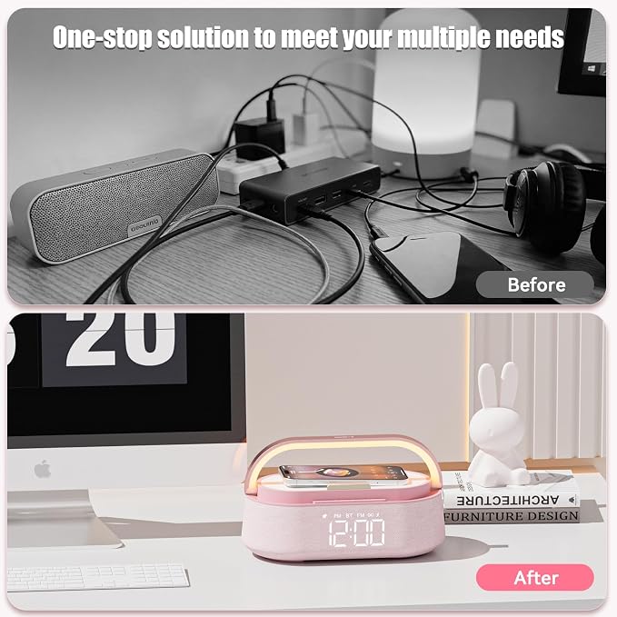 FREEFISH 6 in 1 Bluetooth Speaker with Wireless Charge, FM Radio, Night Light, Snooze, Phone Stand, Bedroom Portable Speaker 2500mAh Battery Dual Speakers for Bedside, Home, Office, Gift (Pink)