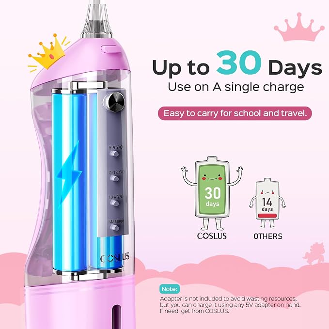 COSLUS C31 Kids Water Dental Flosser Deep Cleaning Picks Portable 4 Modes for Ages 6+ Safe Waterproof Rechargeable with 2 Jet Tips for Gums Care Pink Purple