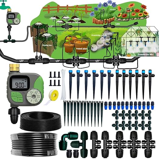 Drip Irrigation System with Water Timer for Garden,Main ID 1/2inch 16.5Ft and 1/4inch 96Ft Water Hose, Watering System Sufficient Water Pressure, Irrigation Dripper Waterflow Evenly Easy DIY