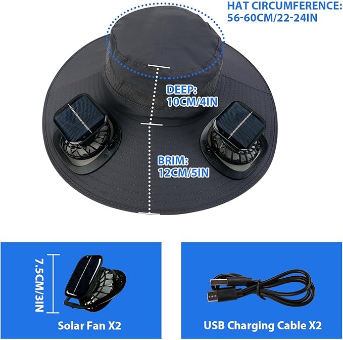 Solar Fan Hat, Wide Brim Sun Hat with 2 Solar Fan, Hat with Solar Fans Built in, Fishing Hat with Fan for Men, Waterproof Outdoor Hiking Camping Fishing