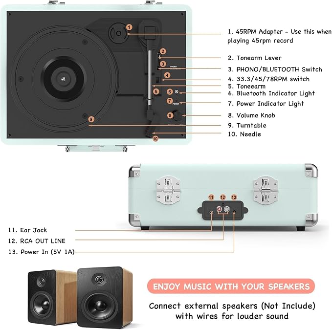 Vinyl Record Player Bluetooth Vintage Portable Suitcase Turntable with Built-in Speakers LP Player Support RCA Output and Headphone Output Light Cyan