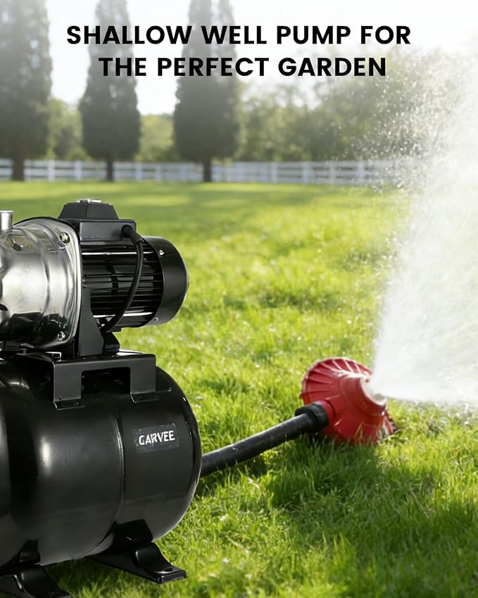 Powerful 1.6HP Shallow Well Pump with Pressure Tank, 1320GPH High Flow, 164ft Max Head, Stainless Steel Construction, Auto Pressure Switch - Ideal for Home/Farm/Garden/Yard Water Supply (Black)