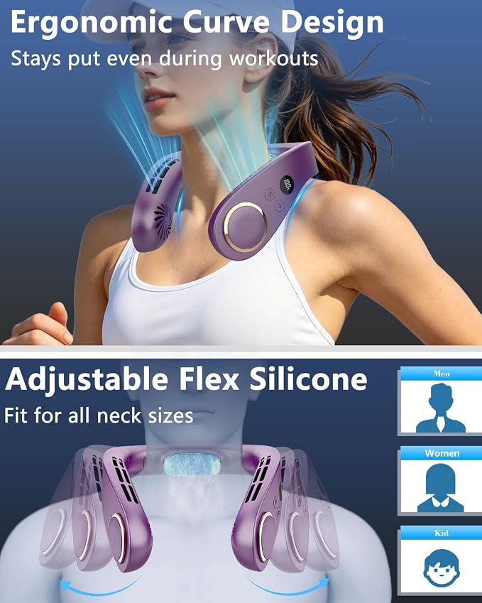 Neck Fans that Blow Cold Air,5500mAh Whisper Quiet Fan,5 Speeds & 3 Cooling Modes, USB-C Quick Charge,LED Shows Battery & Speed, 360° Airflow, Lightweight Wearable AC for Women Men Adults Kids Purple