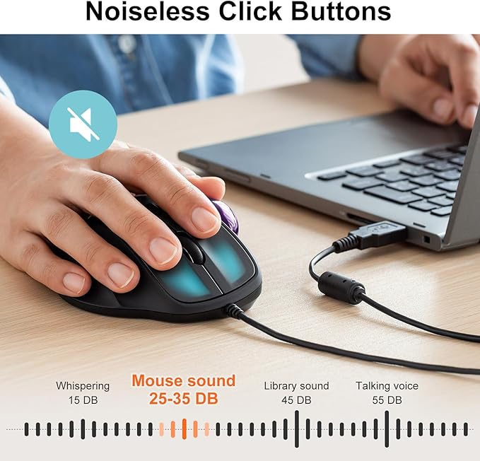 SANWA Wired Trackball Mouse, Silent & Programmable Buttons, Ergonomic Roller Ball to Reduce Wrist Strain, Thumb Control, USB-C & USB-A Port, 600-1600 DPI, Compatible with Win, Mac, PC, Laptop, Purple