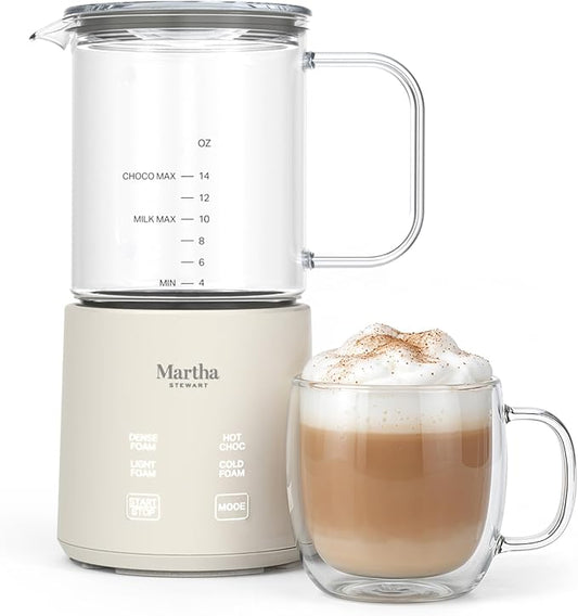 Martha Stewart Milk Frother and Steamer, 10oz/300ml Glass Cup, 4 Presets (Cold Foam, Light, Dense & Hot Chocolate), Ready in 90 Seconds, Cordless Pouring, One-Touch for Hot and Cold Milk, Linen Cream