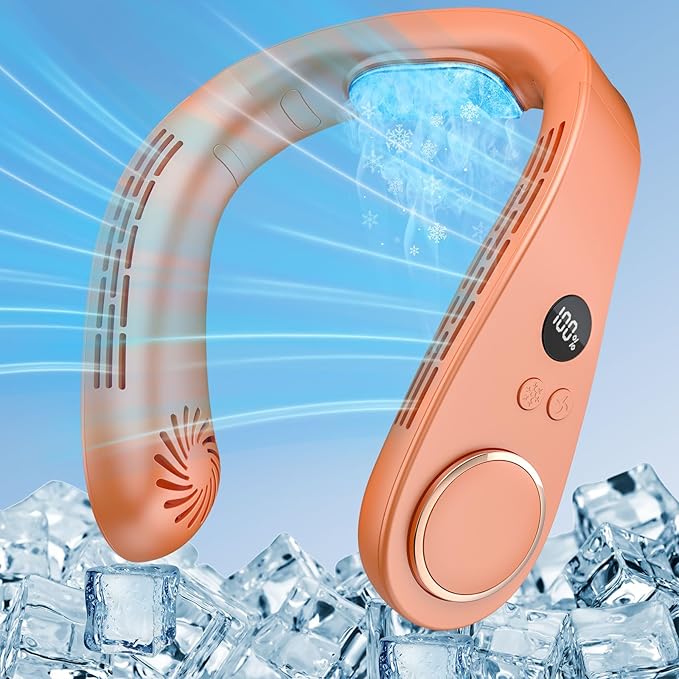 Neck Air Conditioner with Cooling Plate, USB-C recharable & LED Display, Silent Wearable Personal AC Unit, Bladeless Headphone Fan for Hot Flash Relief for Women Men Adults Outside Indoor, Orange
