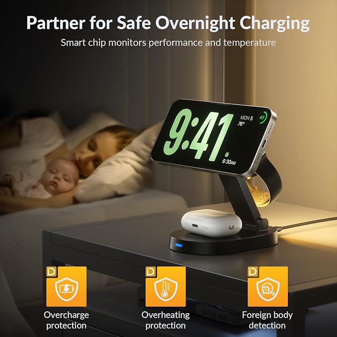 iDsonix 3 in 1 Mag-Safe Charger Stand, Wireless Charger Station for Apple Devices Fast Wireless Charger with Adjustable Stand and LED Light for iPhone 15-12 Series Airpods & iWatch, Black