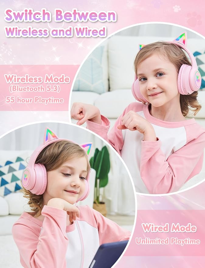 Bluetooth Kids Headphones with Microphone, Cat Ear LED Light Up and 85dB Volume Limited Toddlers Study Headphone, Wireless Foldable HI-FI sound Over-Ear School Headphones for iPhone/iPad/Laptop/PC