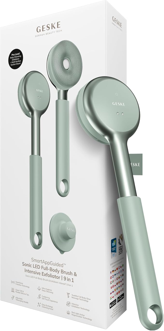 GESKE LED Sonic Full-Body Brush | 9 in 1 | Body Cleansing Brush & Intensive Exfoliator with LED | with SmartSonic Pulsations | Expert Deep Cleansing & Massage | Rough Skin Remover | Adjustable Handle