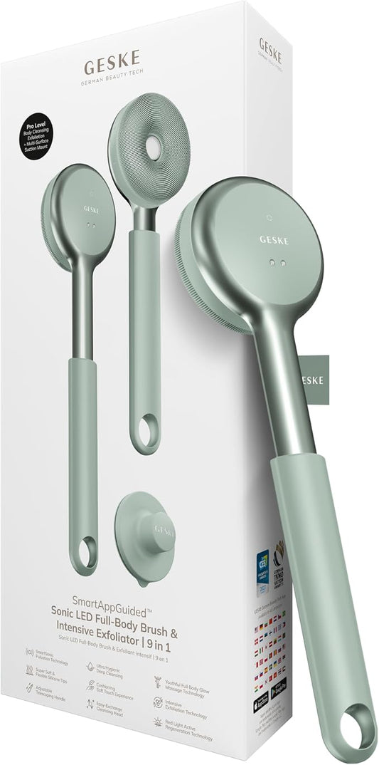 GESKE LED Sonic Full-Body Brush | 9 in 1 | Body Cleansing Brush & Intensive Exfoliator with LED | with SmartSonic Pulsations | Expert Deep Cleansing & Massage | Rough Skin Remover | Adjustable Handle