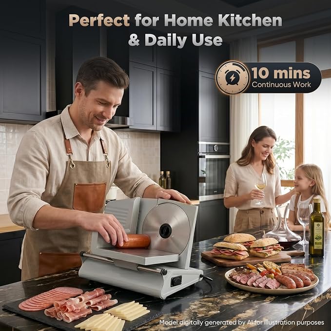 Sakerplus Electric Meat Slicer, 200W Food Slicer Machine with 2 Blades, 0-15mm Adjustable Thickness, Removable Blade, Food Pusher & Safety Guard for Meat, Bread, Vegetables