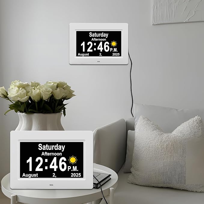 SSYA Dementia Clocks with Day and Date for Seniors,13 Alarms Custom Reminders, Extra Large Digital Calendar Clock for Elderly. (White)