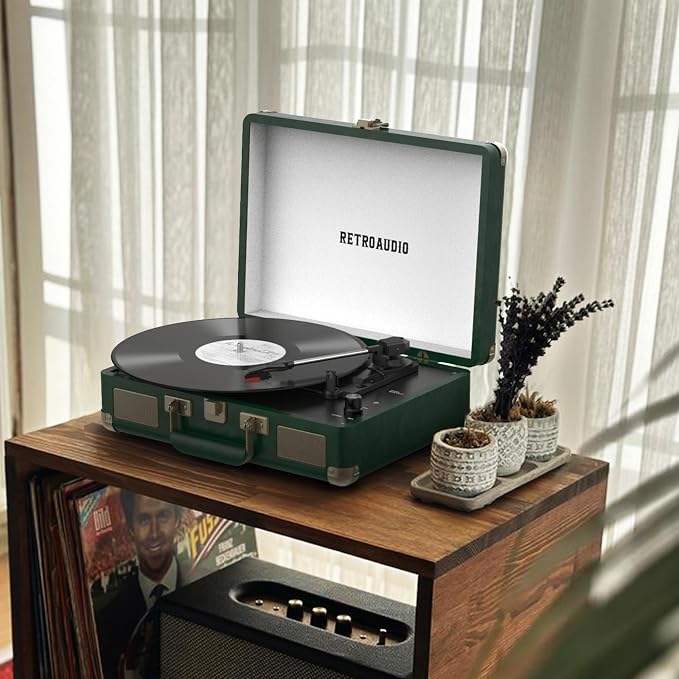 Vinyl Record Player 3 Speed Bluetooth Portable Suitcase Belt-Driven Record Player with 2 Built-in Stereo Speakers Vinyl Vintage Turntable Records Player with RCA Line Out, AUX Out (Dark Green)