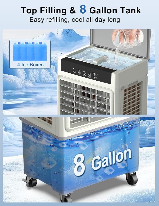 Large Swamp Cooler Air Conditioner, 24H Timer & 8 Gal Water Tank, 100°Oscillation, Portable Cooling Fan for Garage Outdoor, Extra Large