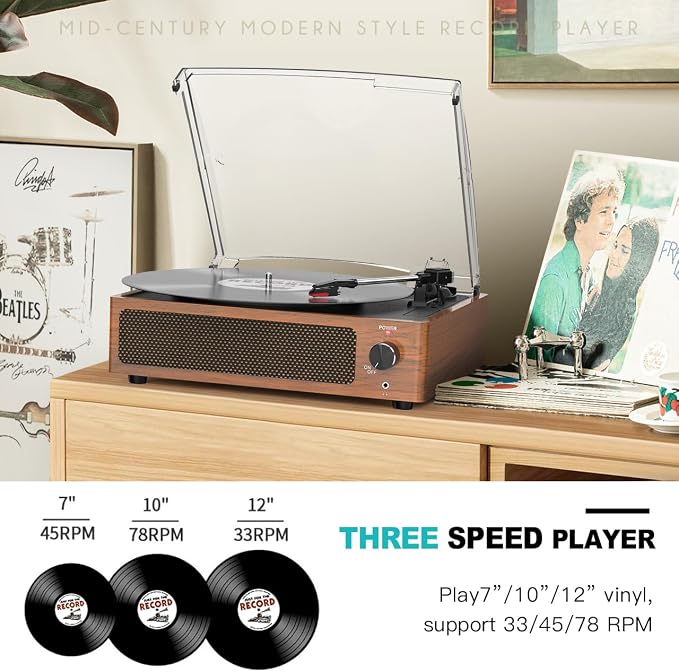 Vintage Record Players for Vinyl with Speakers Belt-Driven Retro Turntable LP Player Support 3-Speed, Bluetooth Playback, AUX-in, Headphone, RCA All-in-one Auto Stop Phonograph Wooden Brown