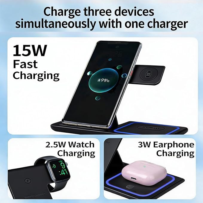 3-in-1 Foldable Wireless Charger with Night Light - 15W Fast Wireless Charger for Simultaneous Charging of Phone, Watch & Earbuds, Compatible with All Qi-Certified Devices,X455 Black.