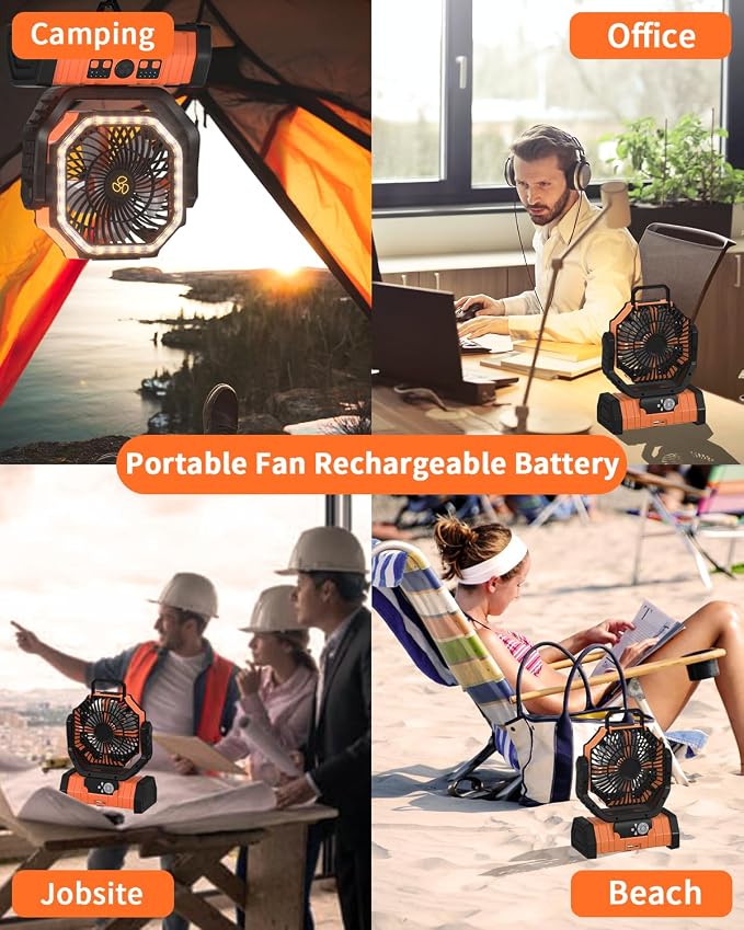 ADUST Camping Fan - 20000mAh Battery Powered Fan Battery Operated Rechargeable Portable Outdoor Tent Fans with Hanging Hook, Cordless, 4 Speeds, Remote Control - Orange