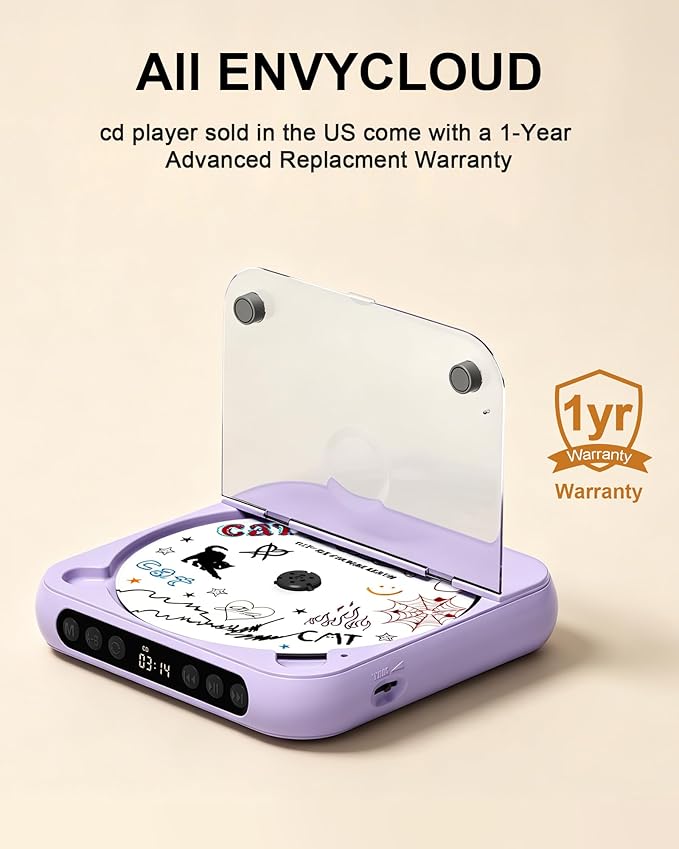 ENVYCLOUD CD Player Portable with Dual Stereo Speakers, Rechargeable Portable CD Player with Bluetooth for Home with Headphones, Support CD/AUX/USB, Purple