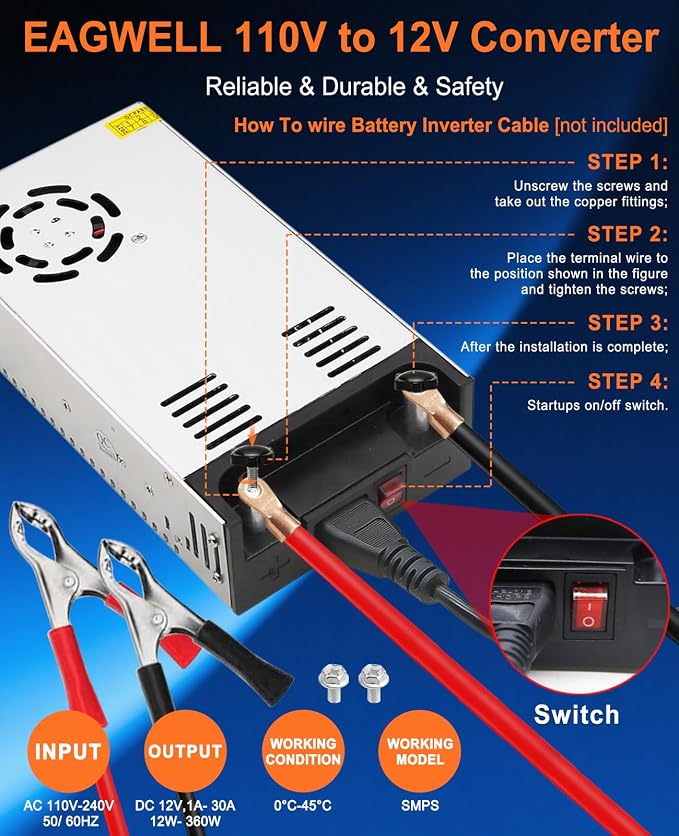 EAGWELL New Version 110V to 12V Converter 12V Power Supply 360W 30A | Universal Switching DC Power Supply for RV, Pump, LED Strip, LCD Monitor,Diesel Heater,3D Printer,CCTV,Computer Project