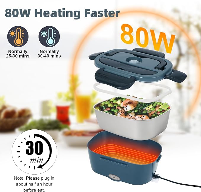 SOHIDA Electric Lunch Box, 12V/24V/110V Portable Food Warmer with SS Fork & Spoon for Car/Truck/Office, 80W Self Heating Lunch Box with 1.5L 304 Stainless Steel Container & 0.45L PP Fruit Box Black