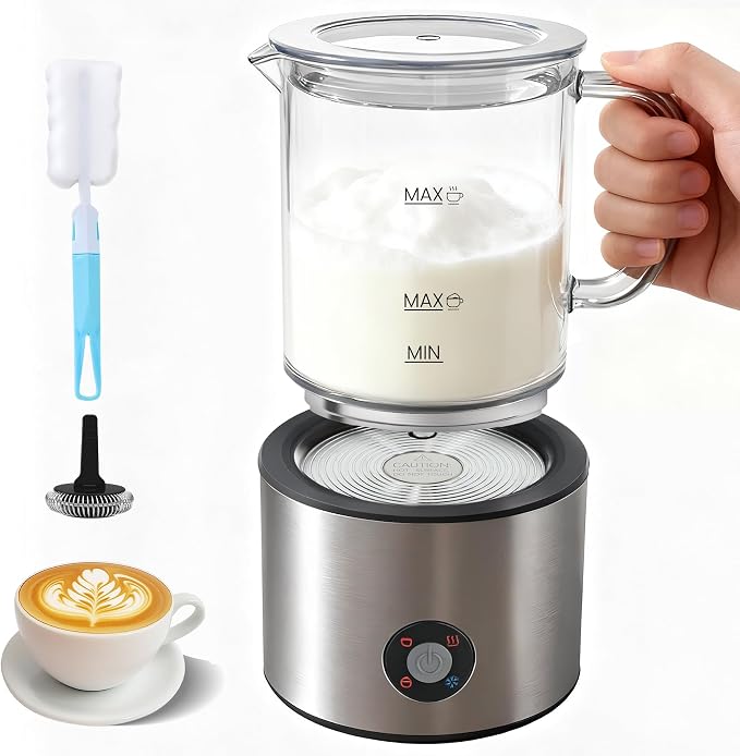 Detachable Milk Frother, 4 in 1 Milk Frother and Steamer, Dishwasher Safe, Glass Frother 16.9oz Warm and Cold Foam Maker, Electric Milk Frother for Coffee, Latte, Hot Chocolate (Silver)