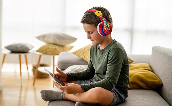 Super Mario Wireless Bluetooth Portable Kids Headphones with Microphone, Volume Reduced to Protect Hearing Rechargeable Battery, Adjustable Kids Headband for School Home or Travel