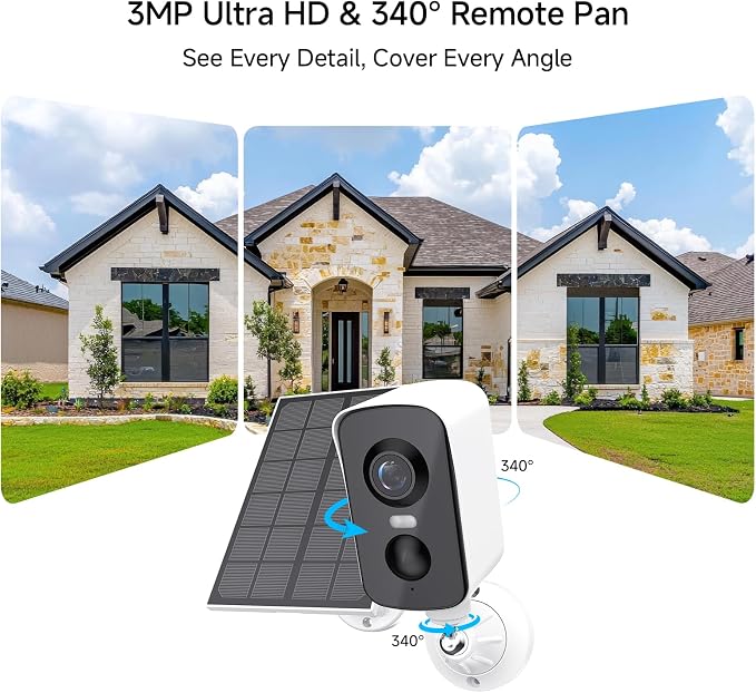 Arenti Solar Camera Outdoor Wireless, 3MP 2K with 340° Pan, PIR Detection, Color Night Vision, 2-Way Audio, Battery with Solar Powered Wireless Cameras for Home Security Outdoor, Works with Alexa