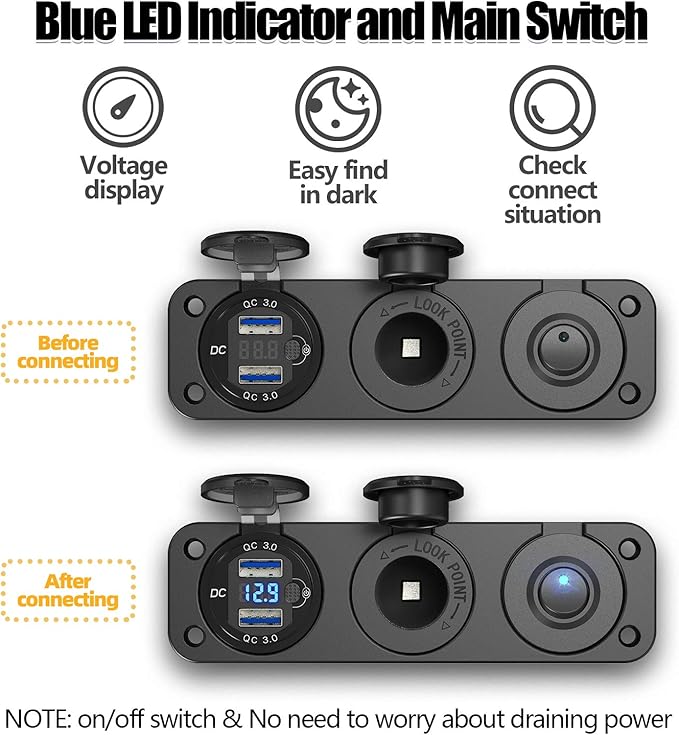 Quick Charge 3.0 Dual 12V USB Car Charger and Cigarette Lighter Socket 12V Splitter with Rocker Toggle Switch