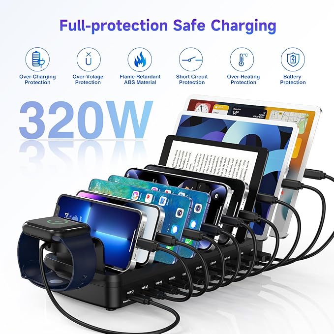 320W Charging Station for Multiple Devices, 10 Ports Fast Multi-Device Charger Organizer Compatible with MacBook Pro Laptop, iPhone, Android, Ipad, Tablet, Kindle, Multi-Device Charging Dock（Black）