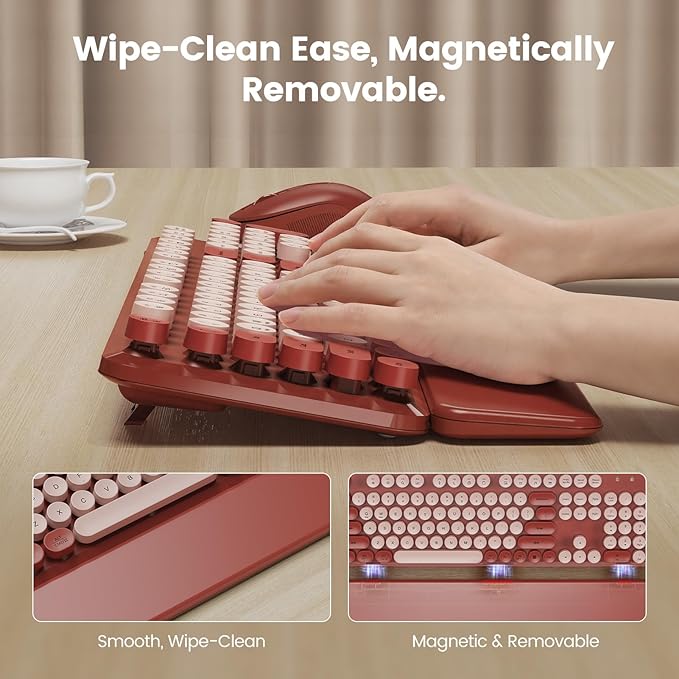 Wireless Keyboard and Mouse Combo with Magnetic Wrist Rest, Round Keycaps, Full-Size Retro Typewriter-Style Keyboard, Two-Stage Tilt Legs, Auto-Sleep, 2.4GHz Wireless for Windows PC Laptop, Wine Red