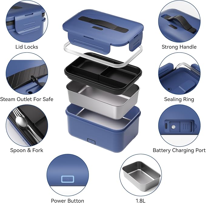 Vingud Cordless Electric Lunch Box for Adults, 1.8L Rechargeable Heated Lunch Box Food Warmer, Portable Self Heating for Men/Women/Office/Car, Lonchera Eléctrica Portátil Battery Powered Father's Gift