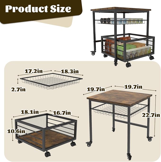 Mini Fridge Stand with Storage, 260LBS Heavy Duty Compact Refrigerator Shelf, 19.7 * 19.7" Movable Mini Fridge Table, Coffee Bar with Lockable Wheels for Kitchen, Home, Office or Dorm