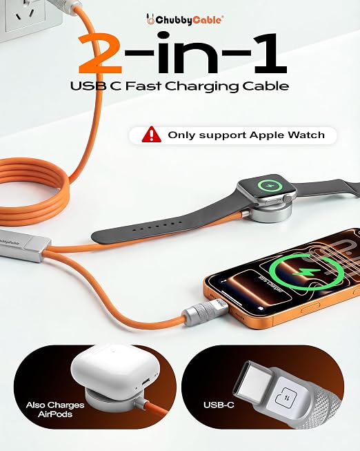 chubbycable Duo-Core Flex 2-in-1 USB C Cable 100W Fast Charging 5W [40Mins 80%] Magnetic Apple Watch Charger 4FT Soft Silicone Compatible with iWatch, iPhone, iPad, MacBook, AirPods, Orange