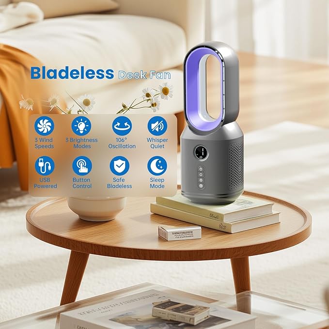 Desk Fan,13 Inch Portable Bladeless Fan, Small Quiet Office Fan with 106° Oscillating, 3 Speeds & Night light, LED Display, Button Control, Personal Table Fan for Bedroom, Office, Home, Study Room