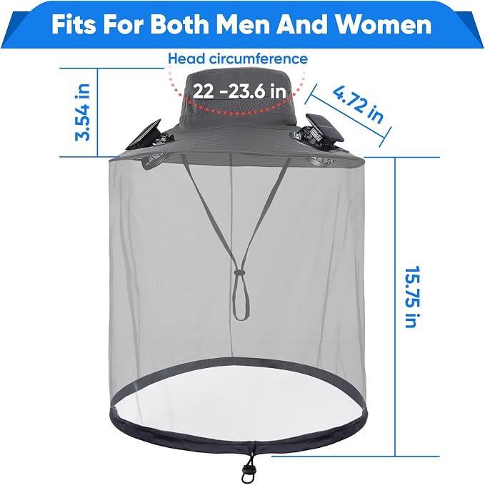 Wide Brim Sun Hat with Solar Fan, Solar Powered Fan Hat with Mosquito Head Net, Men & Women Cooling Cap for Outdoor