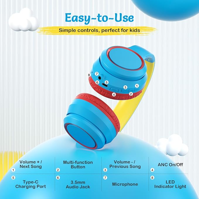 TONOSHARK Kids Bluetooth Headphones with Active Noise Cancelling, Wireless Over-Ear Headphones for Boys Girls, Foldable, Adjustable,for School Trave (Blue red)