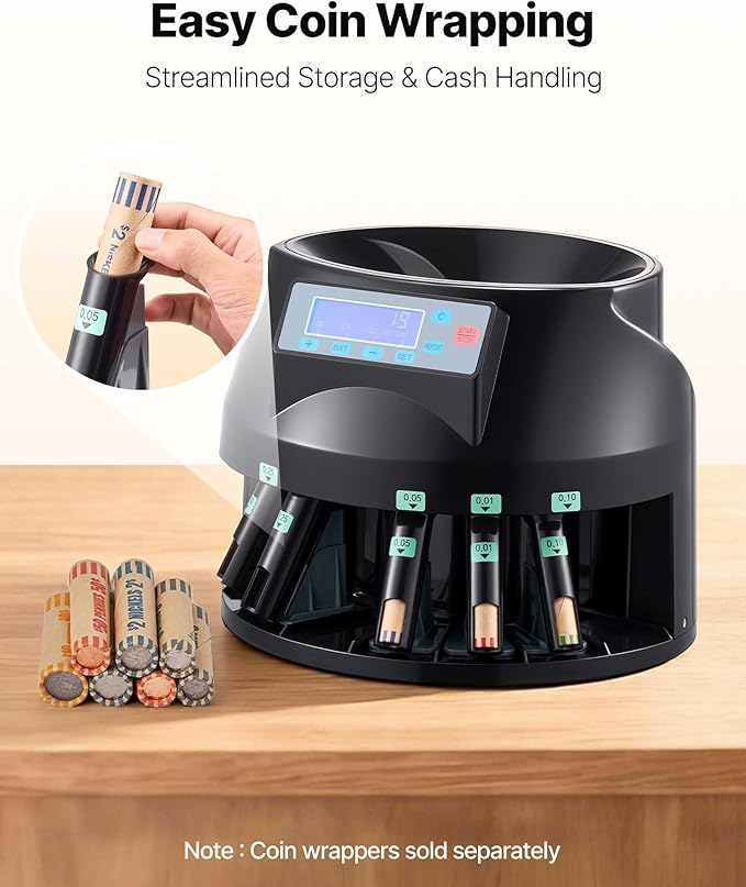 VEVOR USD Coin Counter with LCD Display, Precise Coin Counting and Sorter Machine - Sorts up to 300 Coins/min into Coin Wrappers, Compact Digital Change Counter Included 5 Coin Bins & 5 Tubes