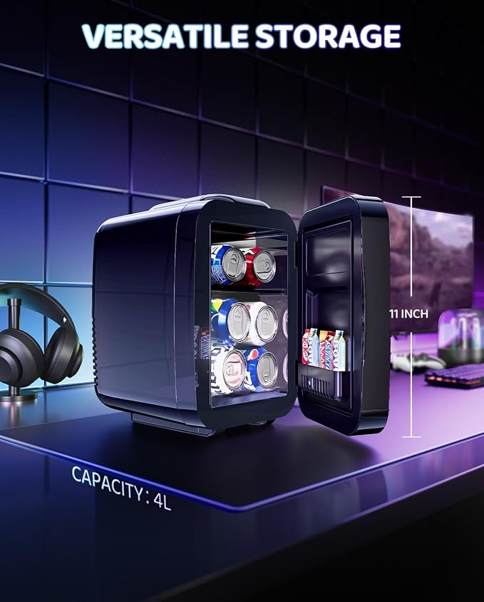 LIGIANT Mini Fridge, Mini Compact Refrigerator With 7 Gaming Lights Modes, 4 Liter/6 Cans, Quiet Cooling & Retention Function, AC/DC Power, Gaming Mini Fridge for Bedrooms, Office and Car
