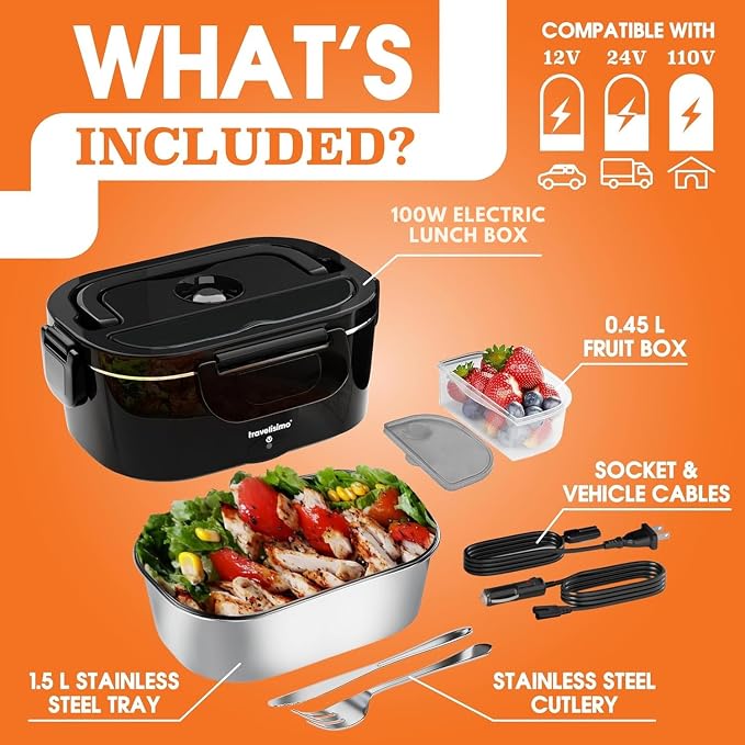 TRAVELISIMO Electric Lunch Box for Adults 100W Heated Lunch Box For Men 1.5L Stainless Steel Portable Food Warmer, 12/24/110V for Travel & Work, Loncheras Electricas Para Calentar Almuerzo