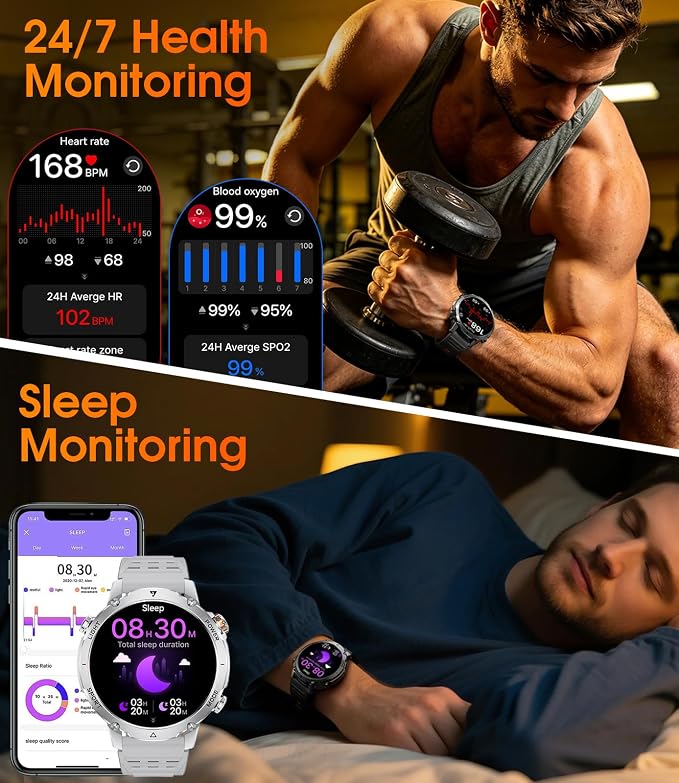 LIGE Military Smart Watch for Men, 1400mAh 60-Days Battery, 1.85" HD Smartwatch with LED Flashlight, 100+ Sports Mode, IP68 Waterproof, Pedometer, Fitness Watch for Android iOS (Sliver)