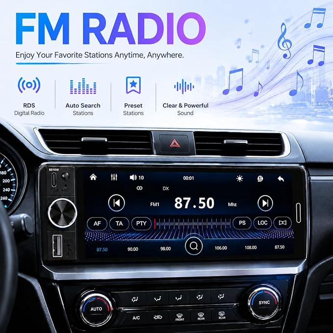 6.5" Wireless Single Din Car Stereo with Apple CarPlay, 720x1280 HD in-Cell Touchscreen, FM Radio with Bluetooth 5.2, USB & Type-C Fast Charging, SWC, Backup Camera, Android Auto, Hands-Free with Mic