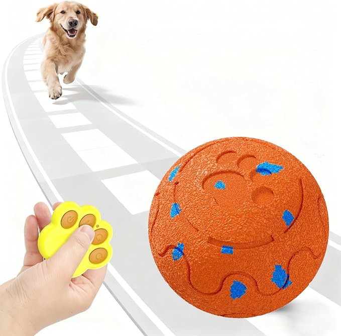 Moving Dog Toy, Interactive, Bouncing and Rotating, Silent Foam Material, IP54 Waterproof Rating, Smart Active Rolling, Stimulation Toys for Medium and to Keep Them Busy (Remote Orange)