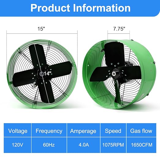 Vent Attic Fan with Adjustable Thermostat, 15" Gable Mount Ventilation Exhaust Fan 1650 CFM, 1075 RPM, 2500 SQ. FT. Attic Ventilator Green for Gable, Shed, Home