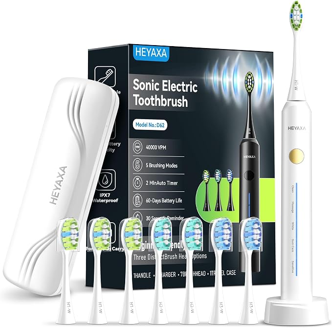 Sonic Electric Toothbrush with 40000VPM Cleaning Power for Adults&Kids, 60-Day Battery Life Rechargeable Power Toothbrush with 5 Modes, 2-Min Smart Timer, 7 Brush Heads & Travel Case (White)
