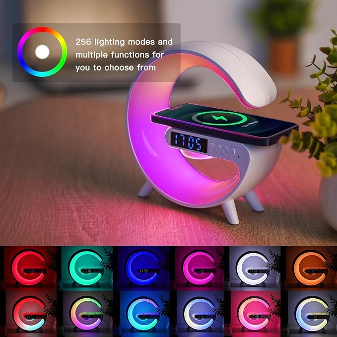 LeeNabao 2025 New Wireless Speaker Charger,Atmosphere Bedside Light with Wireless Charging Station,Music Lit Lamp 4 in 1 Alarm Clock Idea for Family (Black)