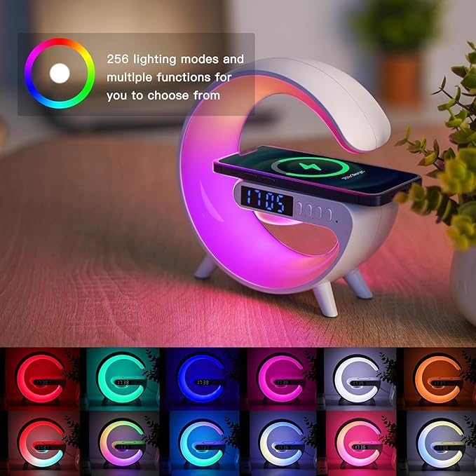 Mini Smart LED Table Lamp, 4-in-1 Wireless Charger, Wireless Charger with Speaker,Night Light, Alarm Clock, and Bluetooth Speaker for Bedroom and Home Decor (Black)
