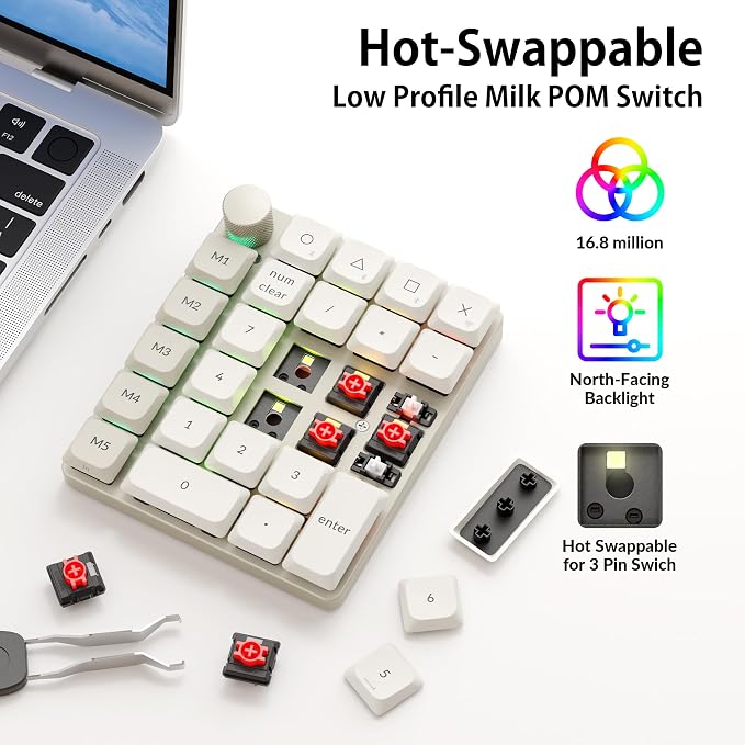 Keychron K0 Max QMK Wireless Custom Number Low-Profile RGB Backlit (Hot-Swappable) Red Switch Keypad, 2.4 GHz & Bluetooth 5.3 Connection, 1000Hz Polling Rate - Retro Version