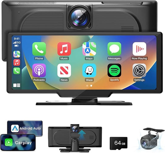 10.26 Inch Wireless CarPlay Screen - 4k Dash Cam Car Play & Android Auto Screen for Car, 1080p Backup Camera, Voice Control Mirror Link Bluetooth GPS Navigation Bluetooth Mirror Link